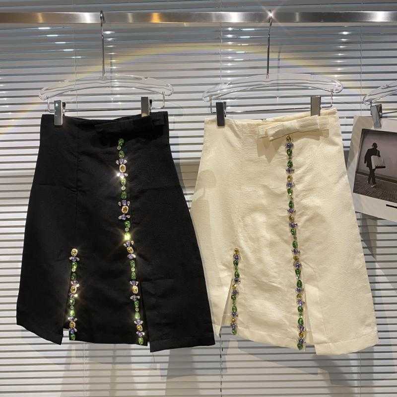 

DEAT Spring Summer Fashion Casual Diamond Nail Bead Solid Color Temperament Bag Hip Skirt Women SK078 210709, Black