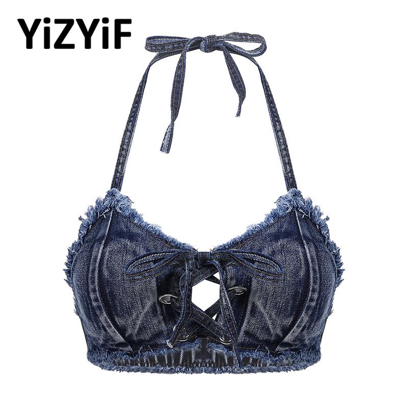 

Women's Tanks & Camis Sexy Halter Denim Bikini Bra Crop Tops Camisole Vest Sleeveless Backless Lace-Up Bustier Women Clothing Rave Party Clu, Blue