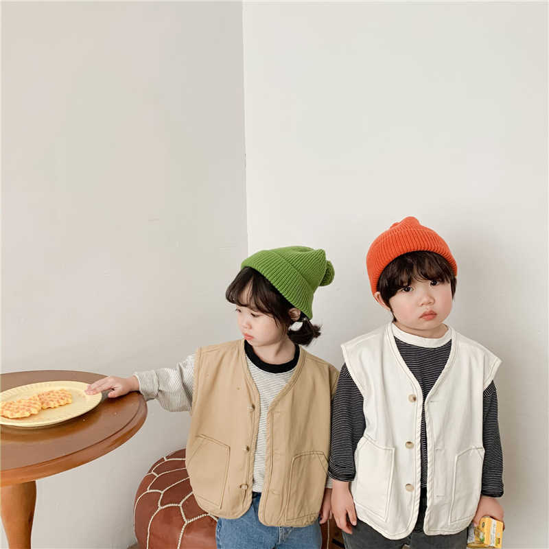 

Spring Japan style Boys and girls solid color casual thin waistcoats fashion kids children cotton all-match loose vests 210615, Khaki