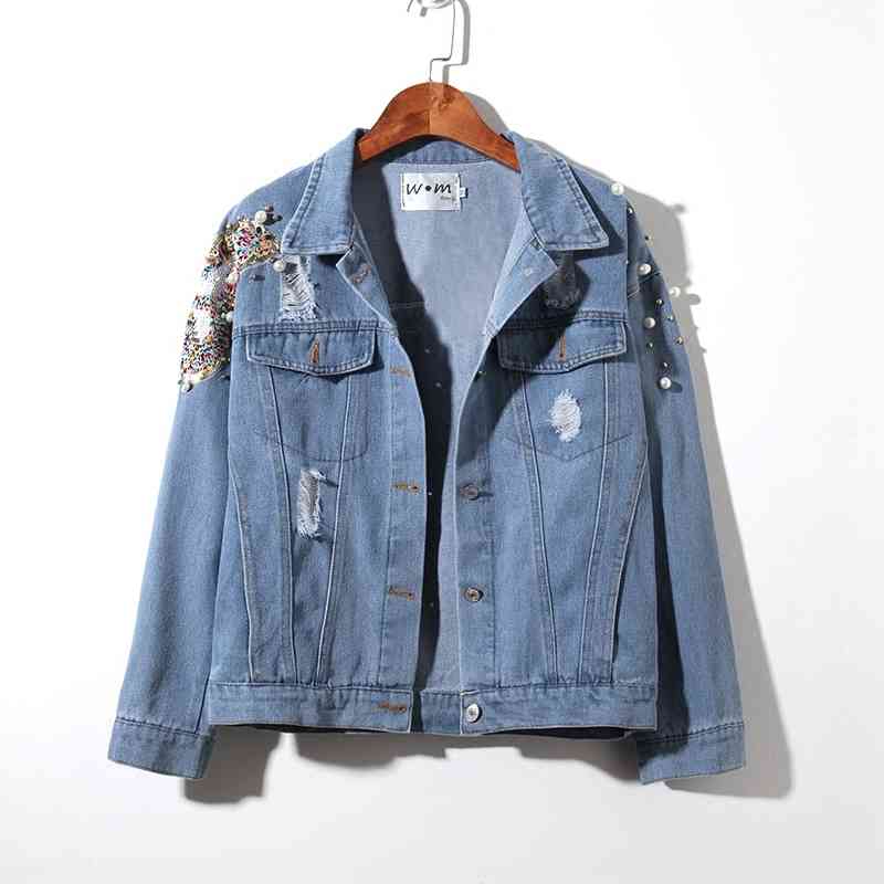

Autumn Spring Fashion High street Women Long Sleeve Beading Sequins Hole Denim Coat Female Jacket A275 210428, Blue