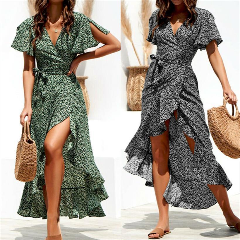 

trendy dot v neck womens dress short sleeve wrap boho floral maxi ladies summer vestido sleeveless beach sundress holiday, Black;gray