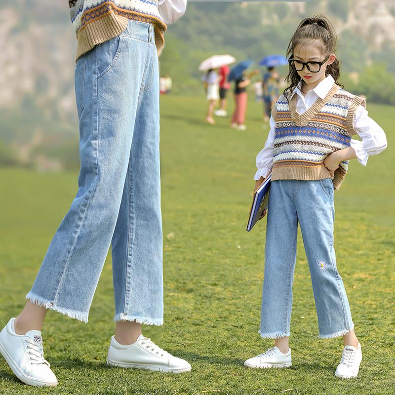 

Jeans Modern Kids Denim Pants Girls Raw Hem Straight Casual Wide Leg Children Clothes Flower Embroidery Trousers 12T, Blue