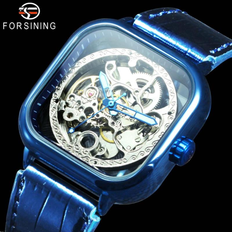

Wristwatches FORSINING Dress Mens Watches Automatic Watch Men Fashion Skeleton Mechanical Leather Strap Sport Colck, Blue