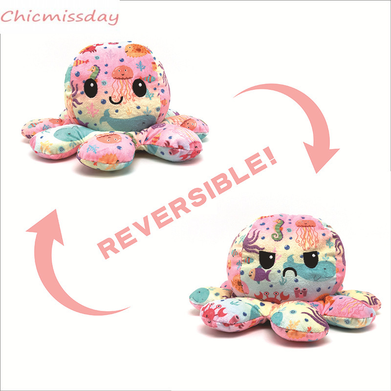 

2021 Christmas Colorful Reversible Flip Octopus Stuffed Dolls Soft Double-sided Expression Plush Toy Baby Kids Gift Doll New Year Gift