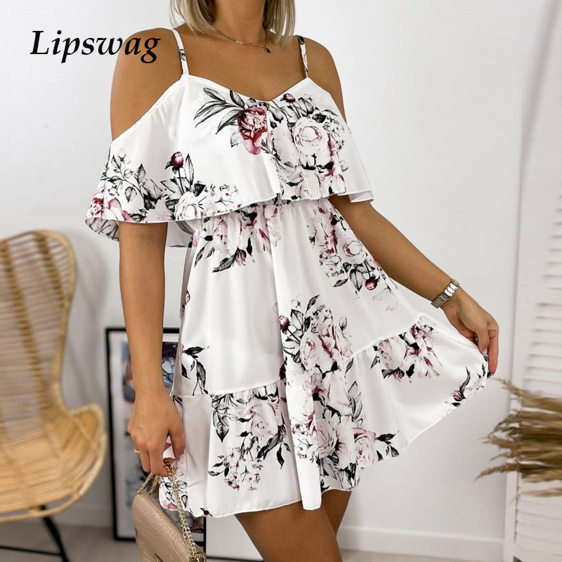 

lady off shoulder sling mini dress elegant v neck women party dress casual retro floral print backless ruffle dress vestidohigh quality, Black;gray