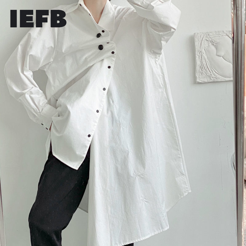 

IEFB Niche Design Spring Men's Long Shirts Asymmetric Single Breast Black White Shirt Loose Oversize Long Sleeve Men's Cloth 210524
