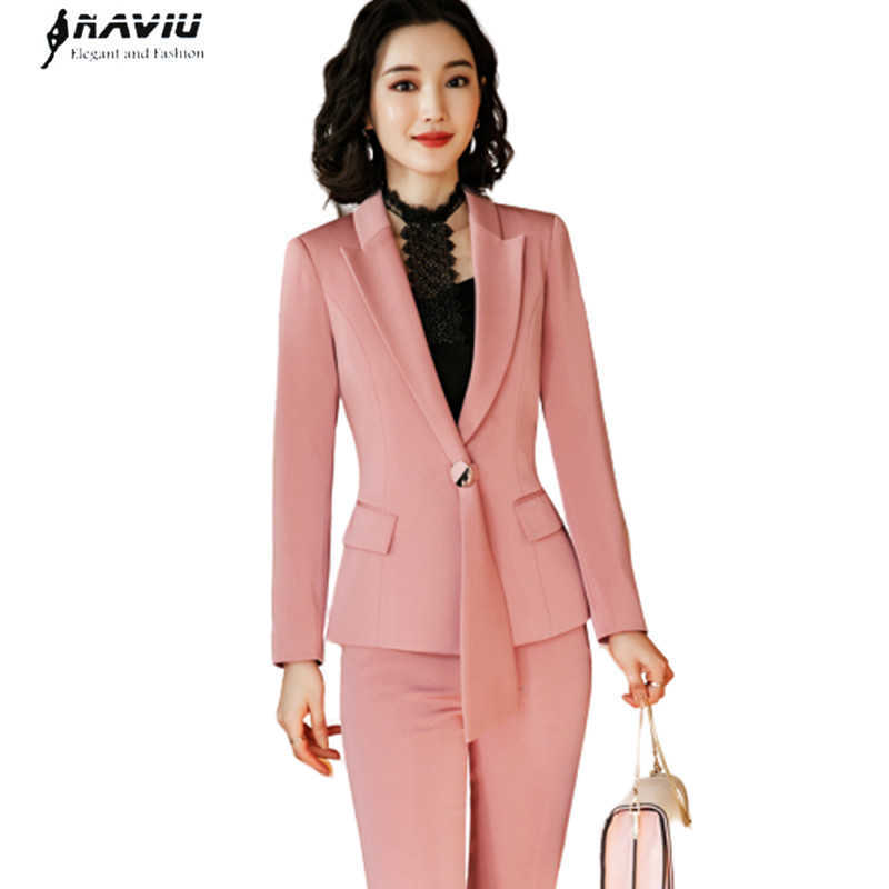 

Formal Women Pink Pant Suits Office Ladies Work Wear Apparel Tie Collar Jacket Blazer and Trouser Outfit Winter Fall 2 Piece Set 210604, Pink coat and skirt