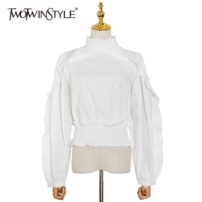 

Elegant Minimalist Shirt For Women Stand Collar Puff Long Sleeve White Tunic Blouse Female Fashion Clothing 210524, Black