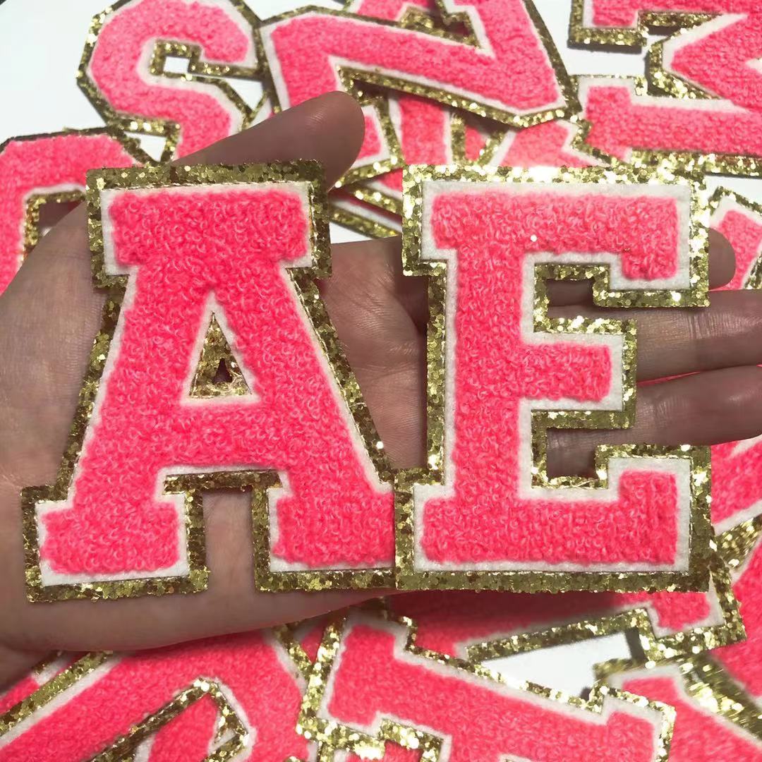 

Rose Red Letters with Gold Glitter Chenille Fabric Patches Towel Embroidery Rainbow Gritt Alphabet Iron on Sticker Name Clothing DIY Lovely Bag Badge