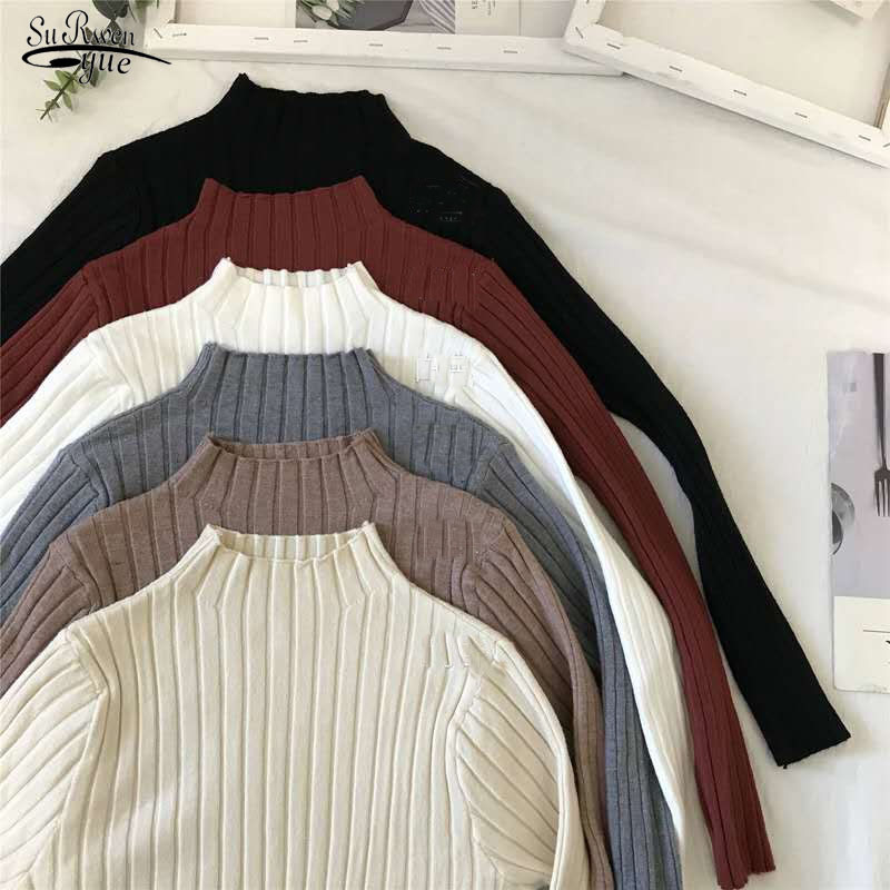 

Autumn Winter Turtleneck Pullovers Sweaters Primer Shirt Long Sleeve Short Korean Slim-fit Tight Sweater Pull Femme 12035 210521, White