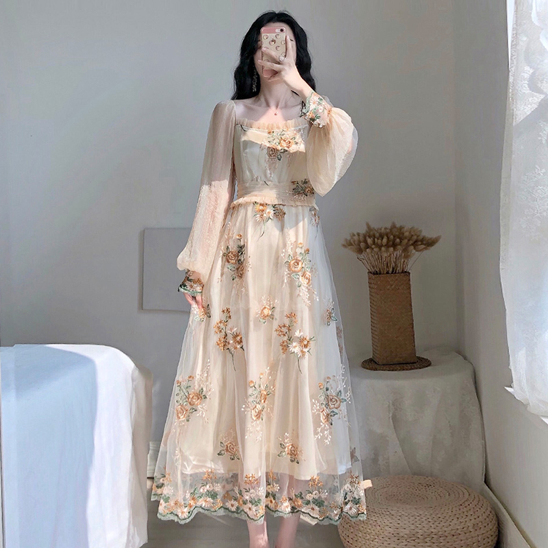 

French Floral Embroidery Party Dress Women Slash Neck Lantern Sleeve Lace Mesh Dress Boho Sweet Long Dress Retro Spring A142, Apricot