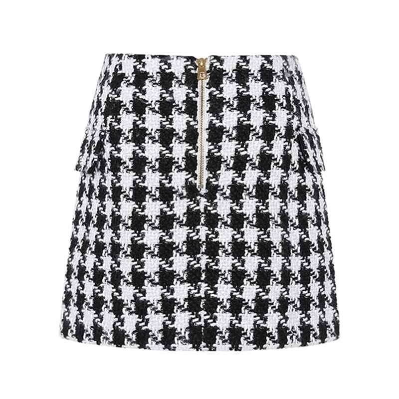 

Fashion Trend of Women's Lion Buttons Double Breasted Tweed Wool Houndstooth Mini Skirt Elegant Plaid A Line Short Skirts 210708, Beige