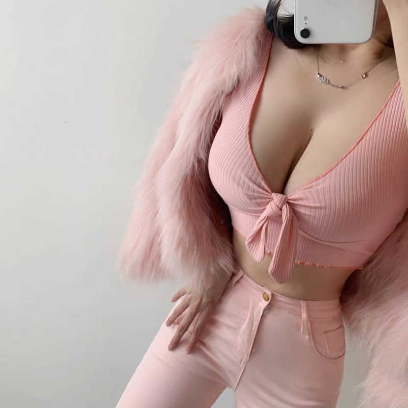 

low chest V-neck top women's sexy nightclub style sleeveless off shoulder short tank with cut-out lace up in pink 210604
