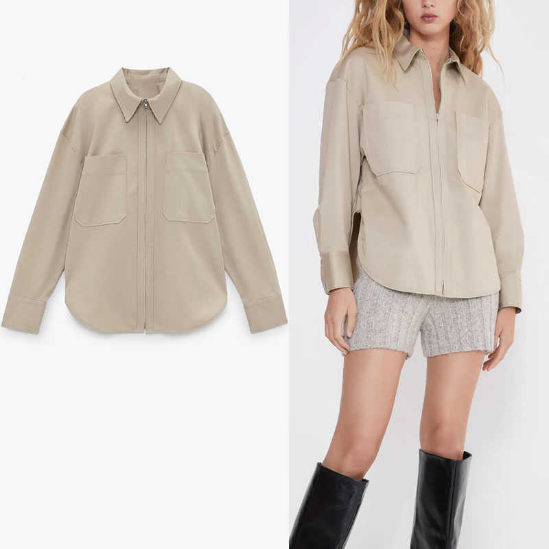 

Za Zip Shirt Women Long Sleeve Patch Pockets Office Lady Shirts Fashion Side Vents Back Ties At Back Woman Vintage Top 210602, As picture