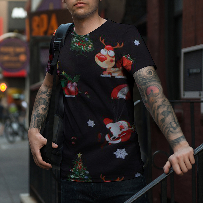 

European and men's new printed cartoon gift elk Christmas short-sleeved casual breathable street shooting party travel vacation, White;black