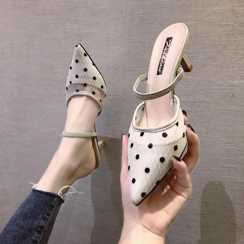

Slippers 2021 Polka Dot High Heel Women Sandals Pointed Toe Lace Mules Shoes Vintage Geometry, Beige
