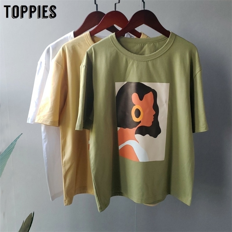 

Toppies summer character t-shirts fashion girls tops short sleeve printing Korean women clothes 95% cotton 210720, Cst003green