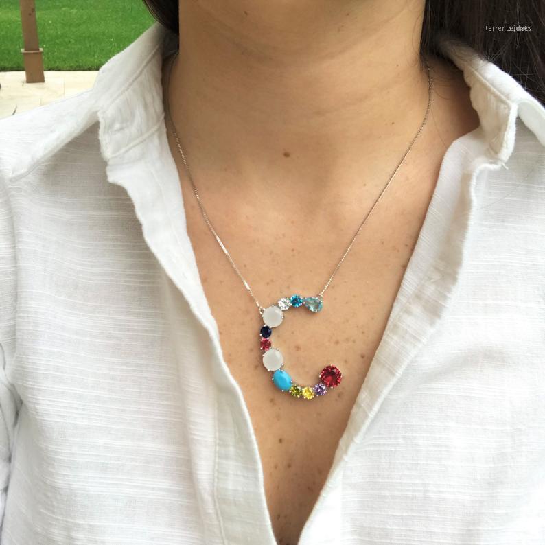 

Chains Colorful Big Stone Multi Letter Alphabet Customize Name Initial Necklace Women Wedding Jewelry1