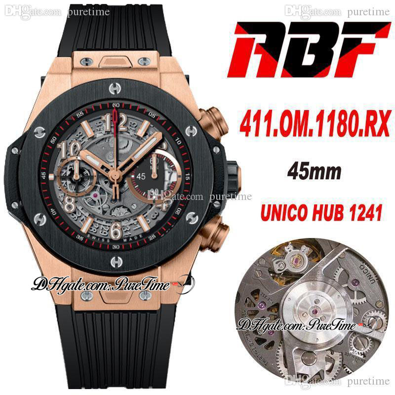

ABF Unico Titanium HUB1241 Automatic Chronograph Mens Watch 45mm Rose Gold Black Bezel Gray Skeleton Dial Silver White Stick Rubber Strap Super Edition Puretime D4, Custom waterproof service