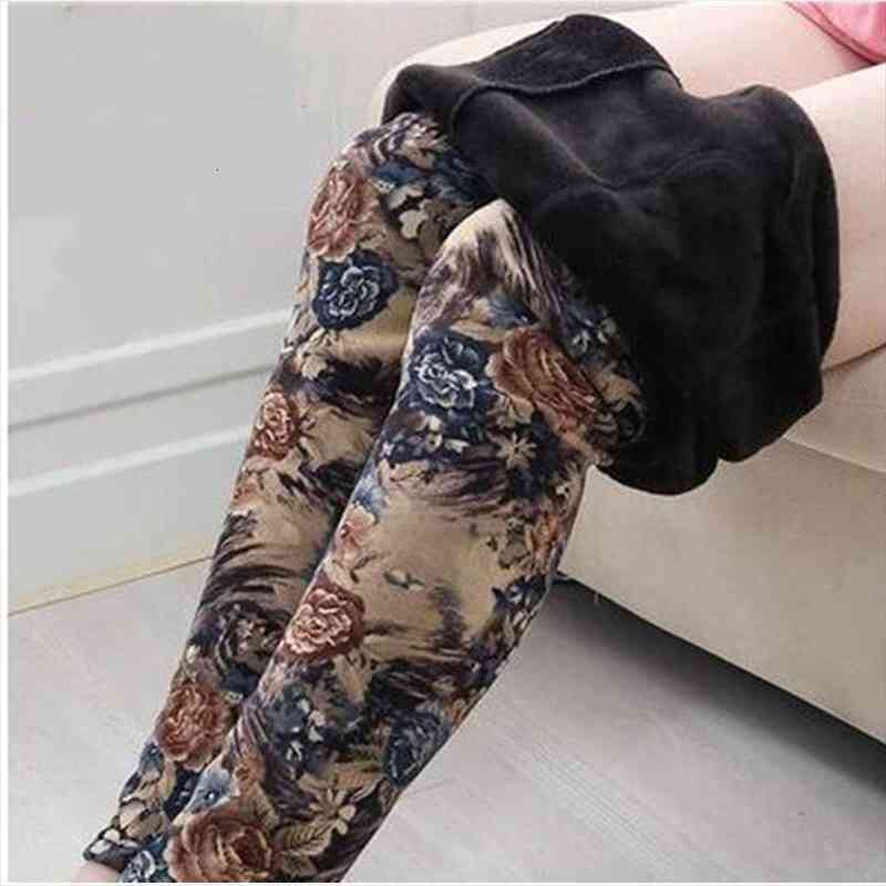 

Autumn Winter Womens High Elasticity Plus Velvet Leggings Female Plus Size Fleece Trousers Flower Print Velvet Pencil Pants, Black;white