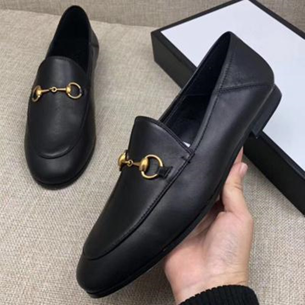 

women Flat casual shoes Authentic cowhide Metal buckle Ladies shoes leather Mules Princetown Men Trample Lazy Large Dress shoes size 4-42-46, Black