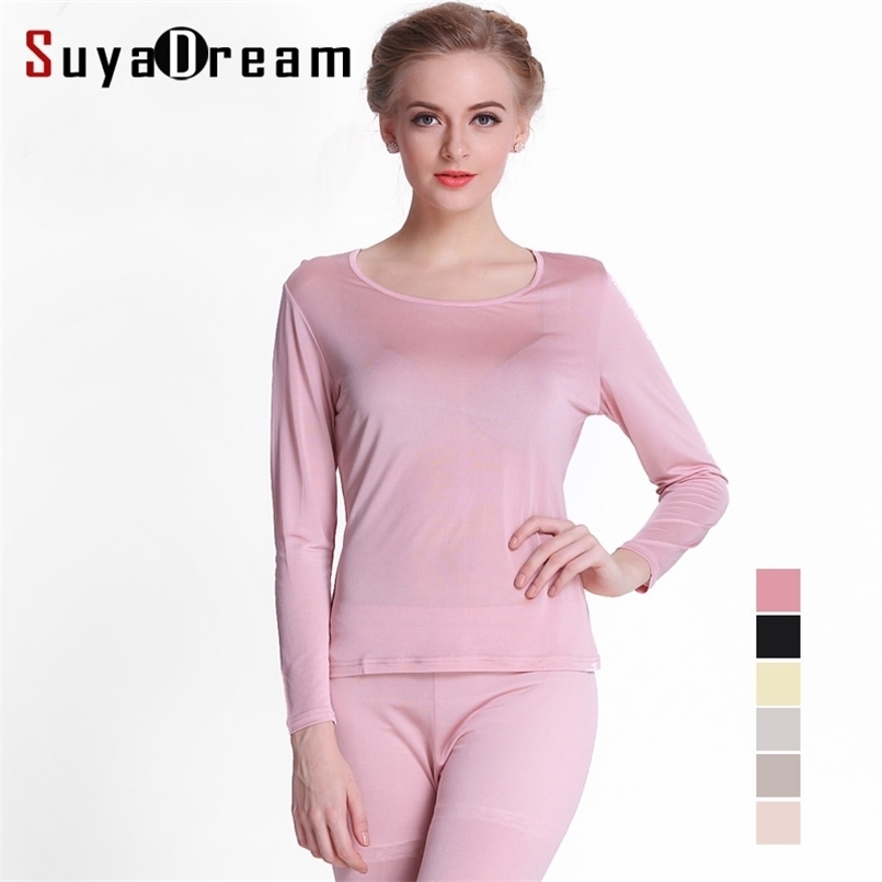 

100%Natural SILK Women long johns Health silk Intimates suit Long sleeve Round collar Underwear Healthy sleep wear 211110, Beige