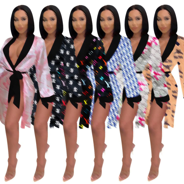

Letter Print Desinger Embroidery Lace Up Sexy Women's Sleepwear Bathrobe Sleep Unisex Night Robe High Quality Breathable Polyester, #8