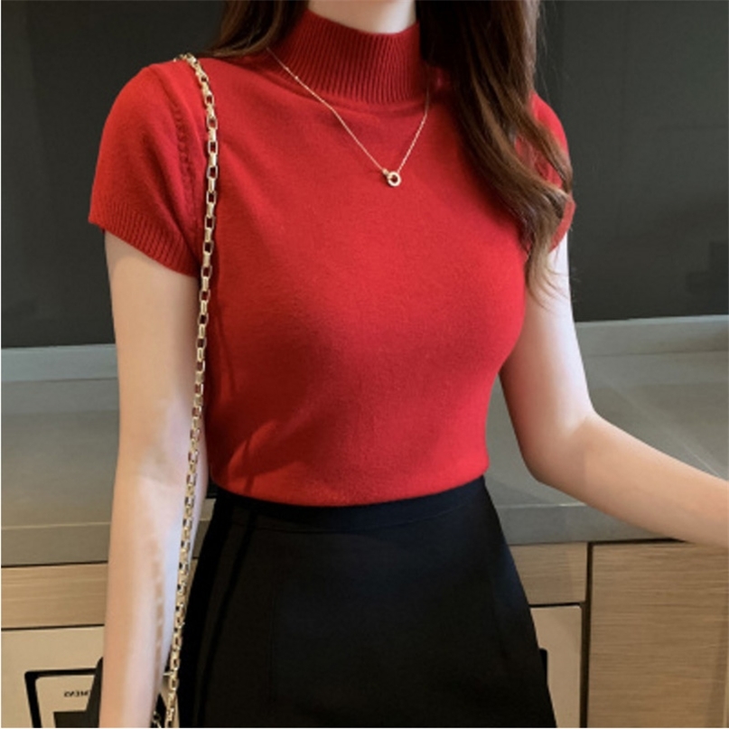 

Women Knitted T-shirts Turnelneck Tees Plain Solid Short Sleeve Casual O-neck T-Shirts For Autumn 210607, Black