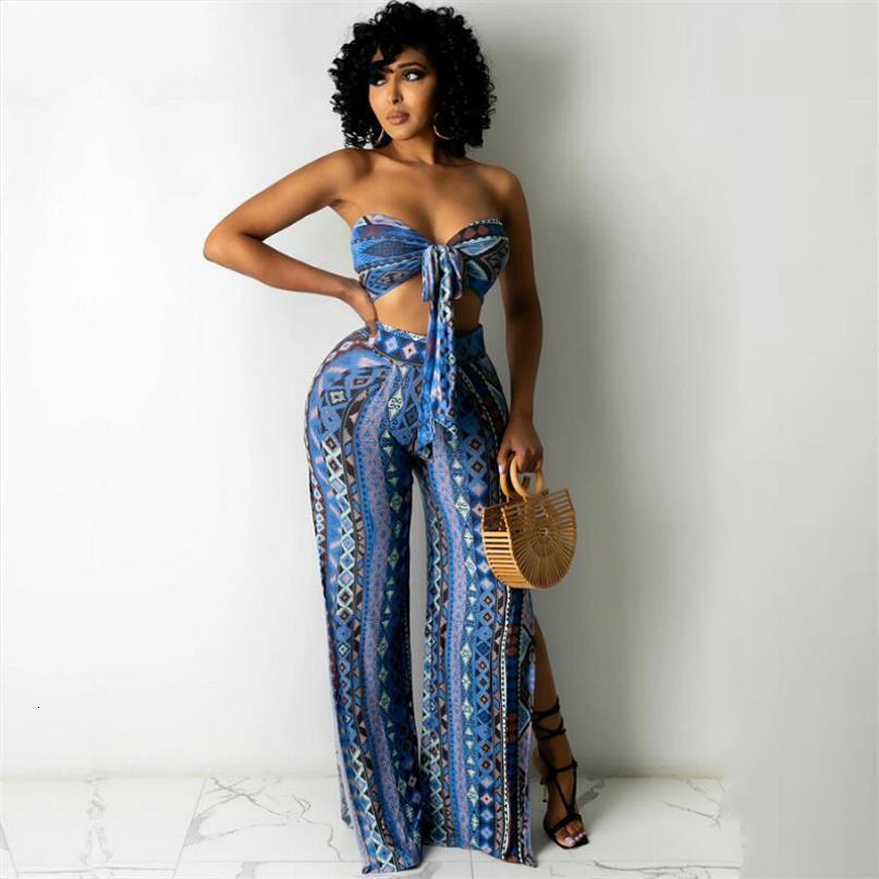 

bohemian print two piece sets womens pants summer cross bandgae crop and wide leg 2 set female, White
