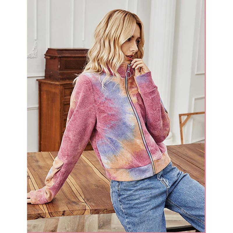 

Ethnic Clothing 2021 Loose Autumn Turtleneck Cardigan Women's Fashion Colored Zipper Tie-Dye Top LM9151