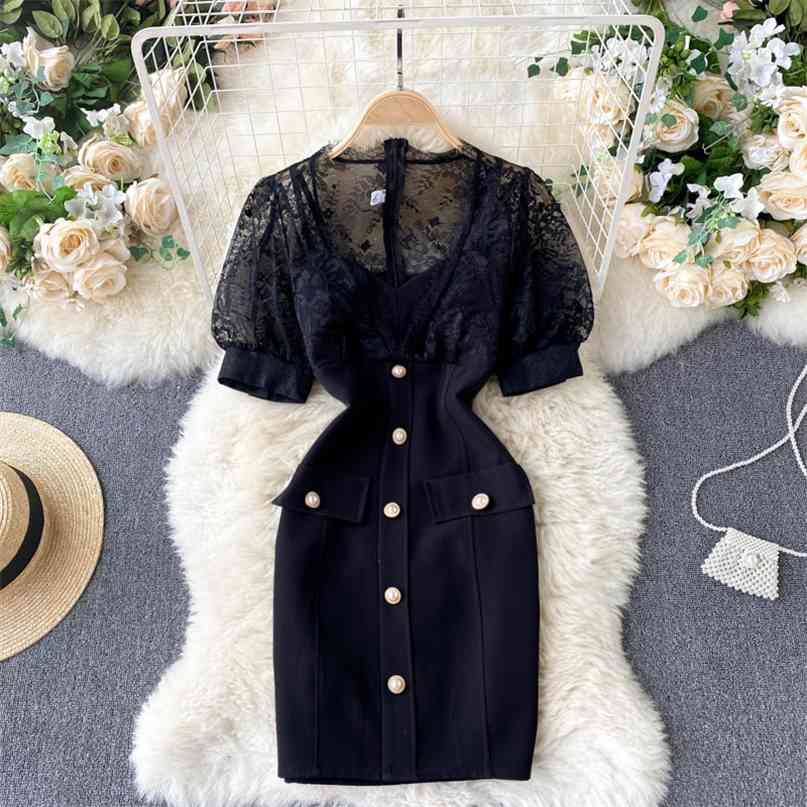 

Mesh Lace Spliced Puff Short Sleeve Dress Women Summer Fashion V-neck Buttons Mini Bodycon Dresses Work Party Robe Femme 210603, Black