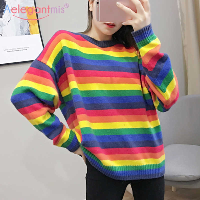 

Aelegantmis Autumn Winter Loose Women Knitted Pullover Sweater Female Long Sleeve Striped Rainbow Lady Oversized Jumpers 210607, Blue