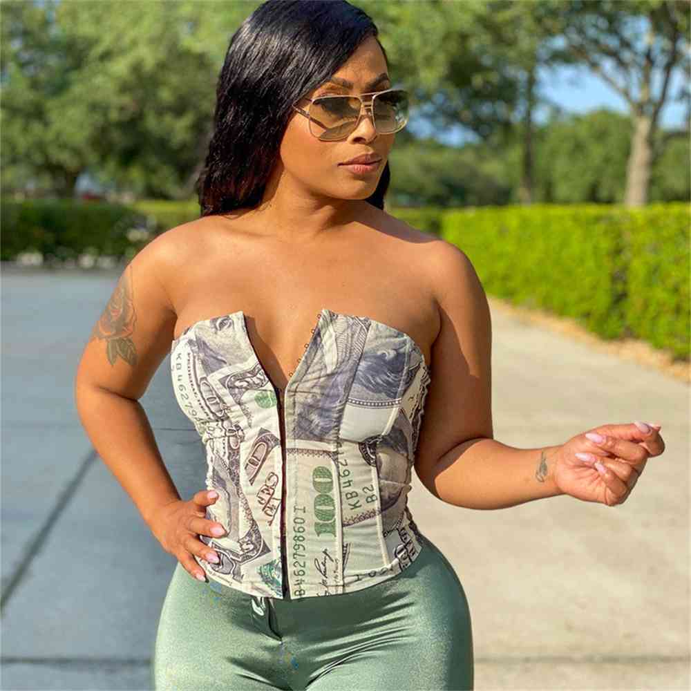 

Money Print Tube Bandage Sexy Corset Crop Top Autumn Winter Women Fashion Streetwear Tees, Gray