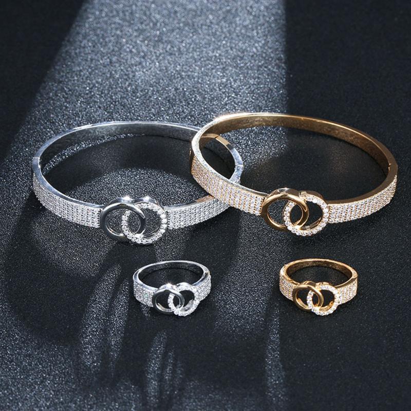 

Earrings & Necklace Fashion Ladies Bracelet Ring Set Simple Copper Bangle With Bright Cubic Zirconia Golden Jewelry Gift For Women, Silver