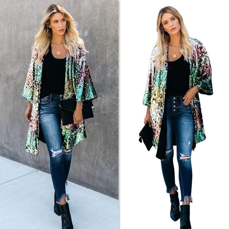 

Women's Trench Coats Sexy Rainbow Stripes Sequins Coat Women Long Sleeve Slim Bomber Jacket Streetwear Causal Fall Winter Cardigan, Tan;black
