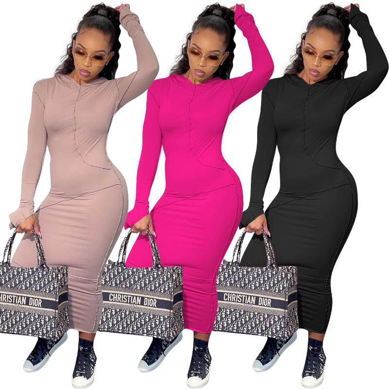 

Casual Dresses Patchwork Slit Long Sleeve Women Hoodie Midi Dress Bodycon Sexy Streetwear 2021 Autumn Winter Slim Club Party, Black