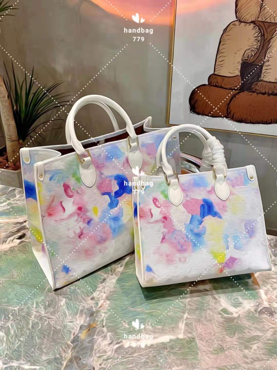 

Fashion Luxury gradient tote bags design render onthe watercolor pattern can diagonally carried over one shoulder women Genuine Leather shopping mommy bag, Customize