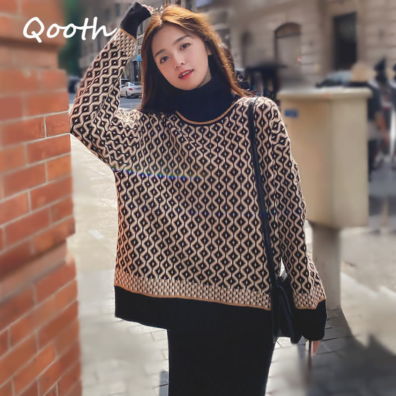 

Qooth Print Jumper Women Crochet Top Knitwear Turtleneck Long Sleeve Pullover Sweaters Women Jumper QT358 210518, Black