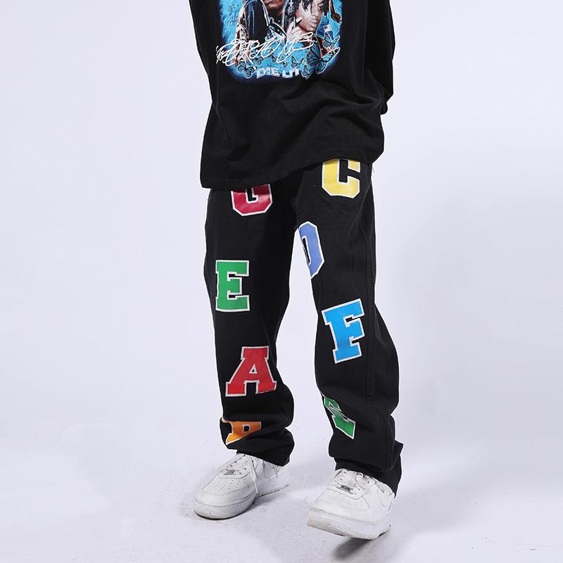 

Men's Jeans Man High Street Color Letter Printed Male Vibe Straight Loose Oversize Casual Denim Trousers Couple Retro Hip Hop Jean Pants, Extra shipping cost