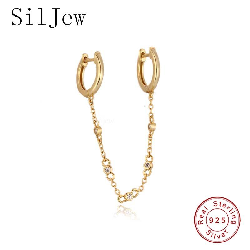 

Hoop & Huggie SilJew 1Piece Double Piercing 925 Sterling Silver Gold Color Cz Link Chain Tassel Romantic Women Earring Jewelry Pendientes 20