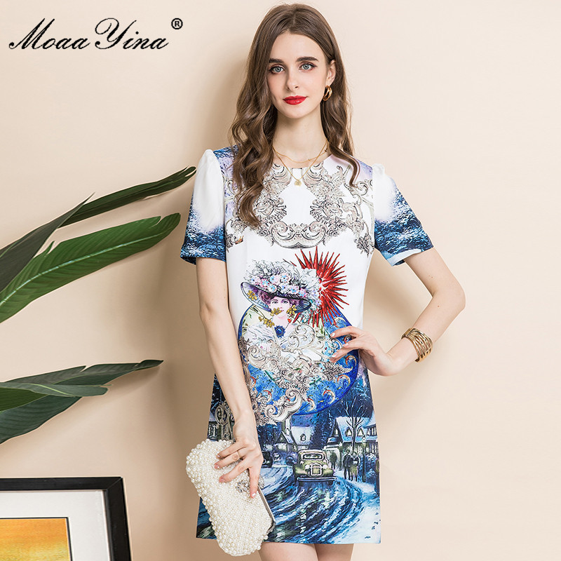 

Fashion Designer Summer Short Dress Women's O Neck Beading Floral print sleeve Vintage Party Mini Vestidos 210524, Multi