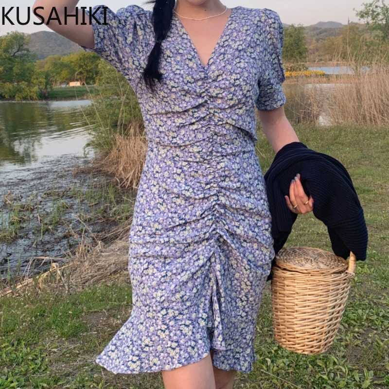 

KUSAHIKI Floral Dresses Women Korean Shirring V-neck Short Sleeve Dress Summer Slim Waist Ruffle Vestidos Mujer 6J688 210602, Purple