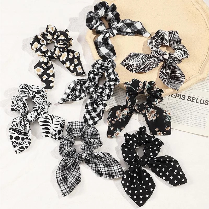 

Black White Plaid Rabbit Ear Scrunchies Elastic Hair Bands Bow For Women Hair Rope Ponytail Holder Girls Hair Accessories
