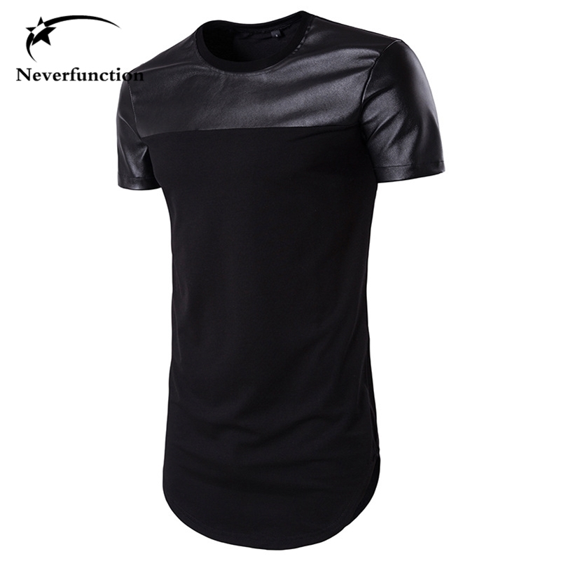 

Summer Men Curved hem Casual T-Shirt Men PU Leather stitching Street Swag Hip Hop Cotton Extended tee Short sleeves Men Tshirt 210722, B106 black