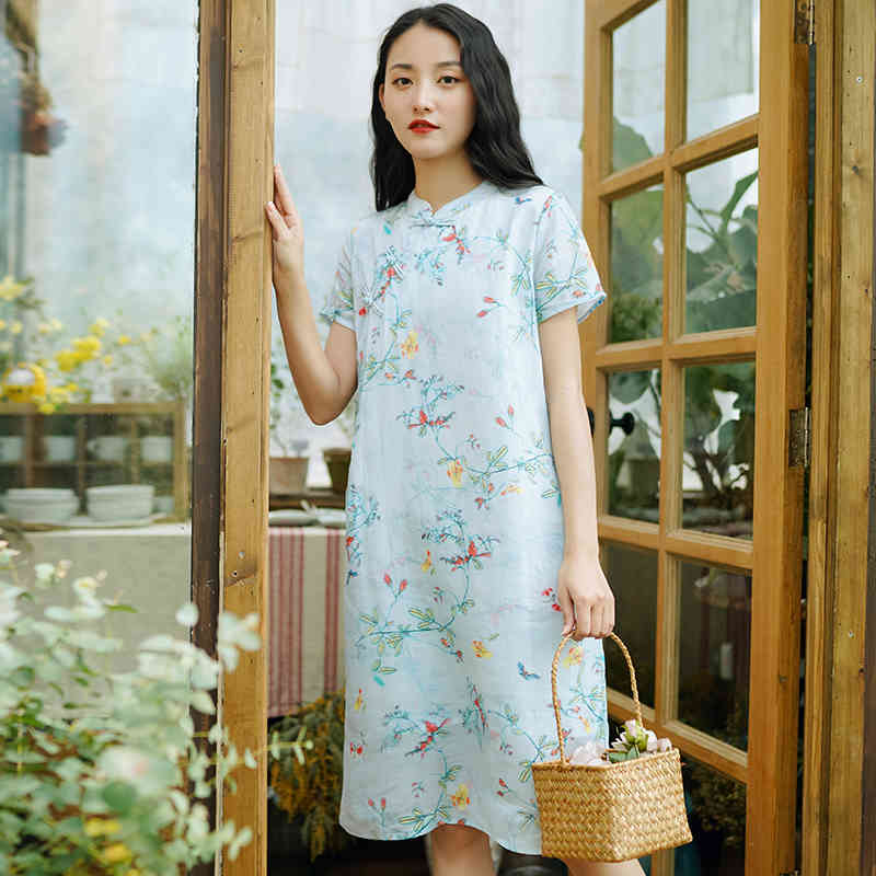 

Johnature Women Vintage Print Floral Dress Stand Short Sleeve Summer Cheongsam High Quality Chinese Style Ramie Dress 210521, Light blue