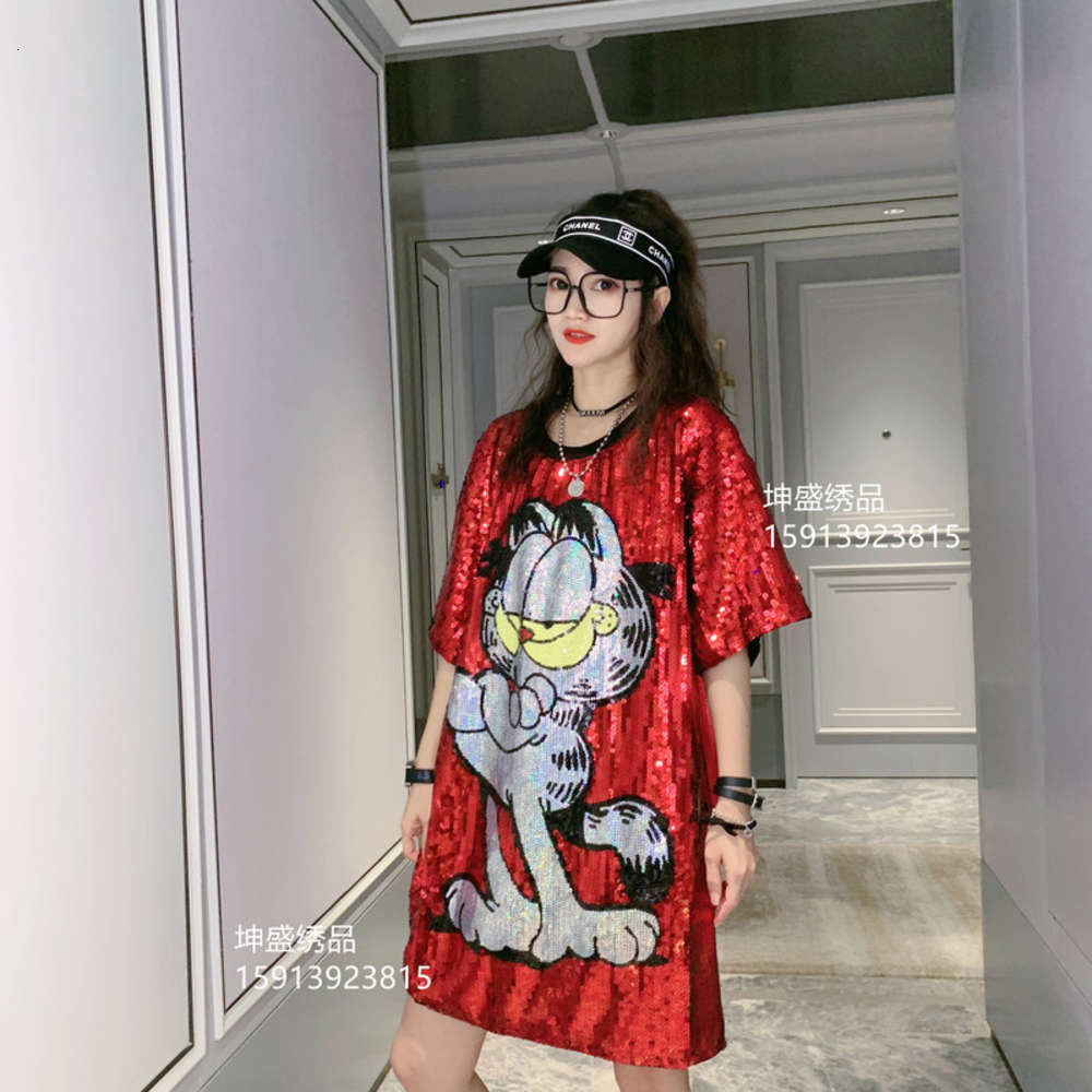 

Casual Dresses Personalized medium length T-shirt women's summer loose thin short sleeve heavy Sequin drs, Red