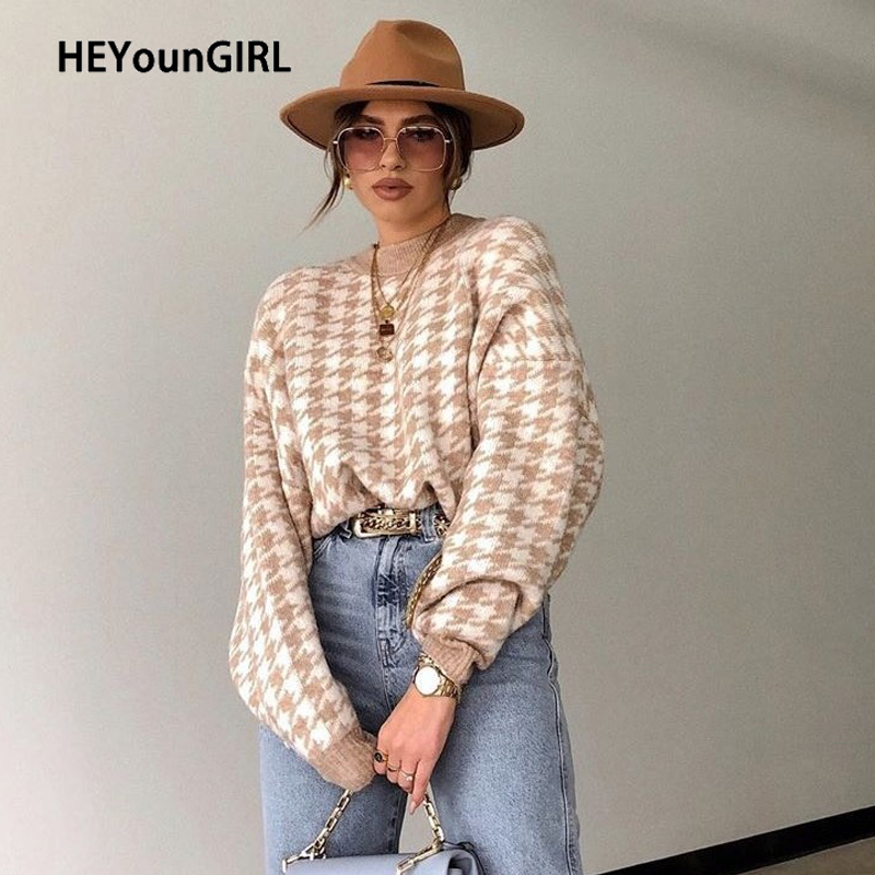 

HEYounGIRL Plaid Casual Chic Long Sleeve Knit Jumpers Ladies Autumn Winter Geometric Khaki Sweater Women Streetwear Pullovers, Black
