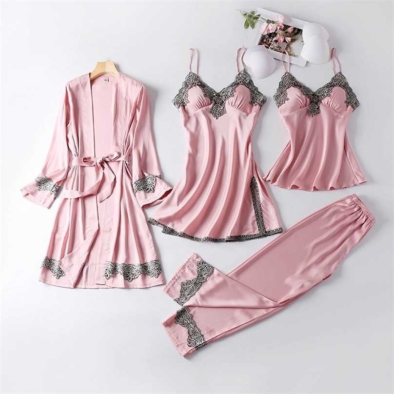 

JULY'S SONG 4 Pieces Women Pajamas Sets Faux Silk Sleepwear Elegant Sexy Lace Fashion Spring Autumn Homewear 211109, 04