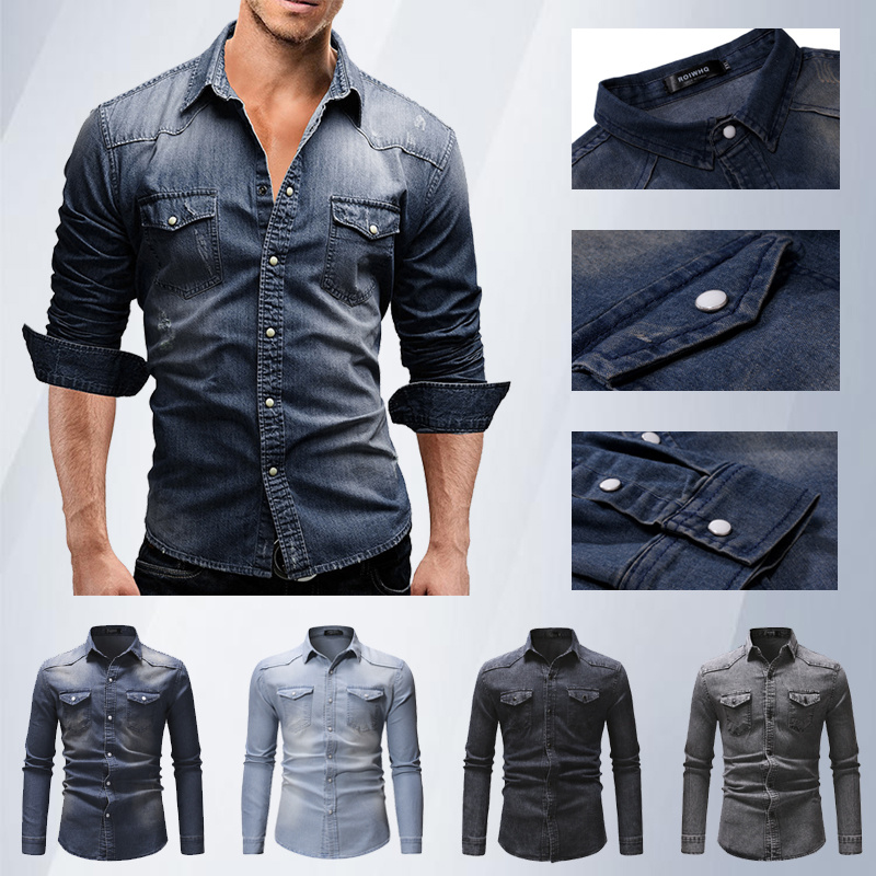 

Fashion Men Denim Shirt Mens Long Sleeve Soft Cotton Slim Jeans Shirts Male Cowboy Shirt XXXL, Dark blue