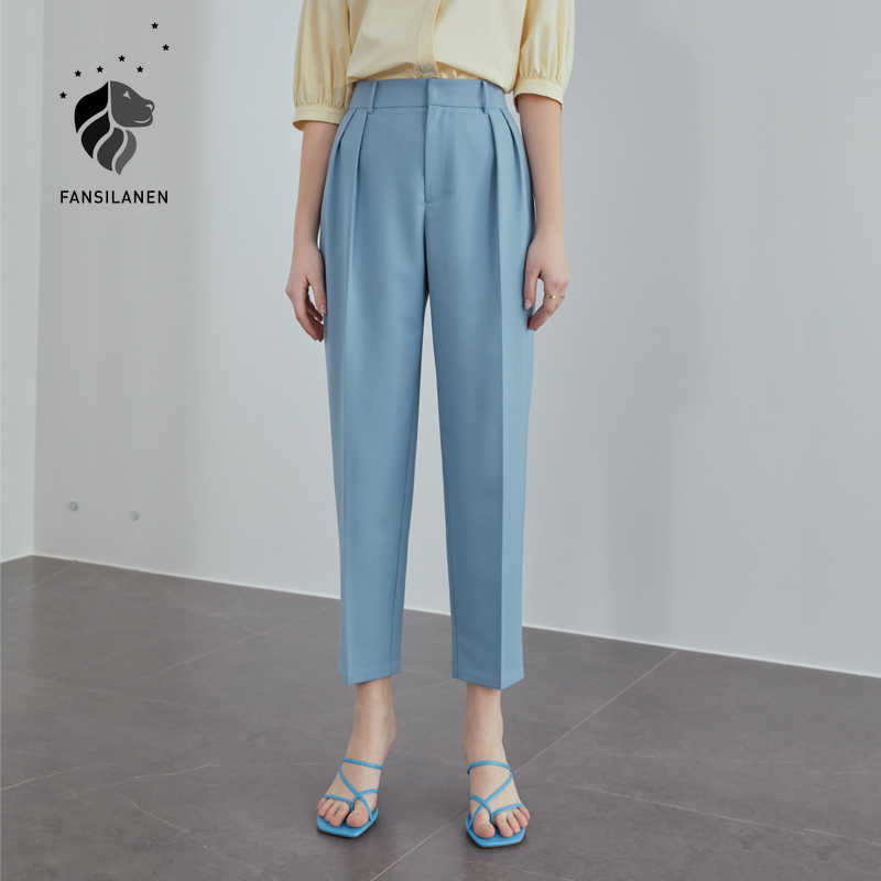 

FANSILANEN Tapered Casual Pants Women Summer High Waist Straight Leg Loose Nine Point Harem Carrot 210607, Sky blue